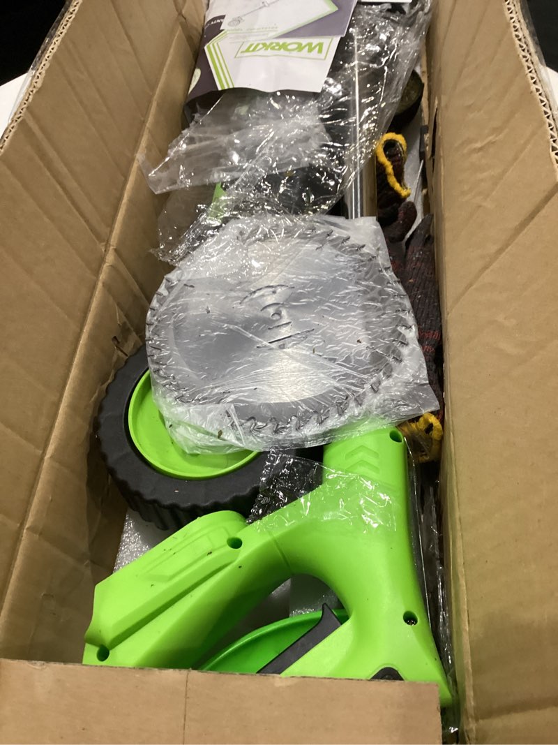 Condition photo showing As Is for 12-inch 20v cordless string trimmer with charger, 2 x 2.0ah battery powered grass mover with auto line feed, 2 in 1 lawn edger with 8 pcs grass cutter spool line and 2 spool cap, green