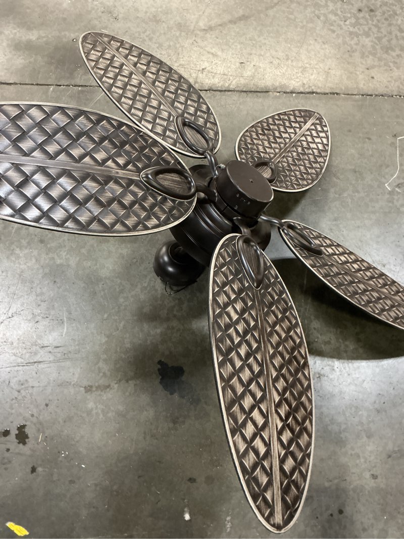 Condition photo showing As Is for 100+ bought last week harbor breeze tilghman ii 52-in aged bronze with brown blades covered outdoor downrod or flush