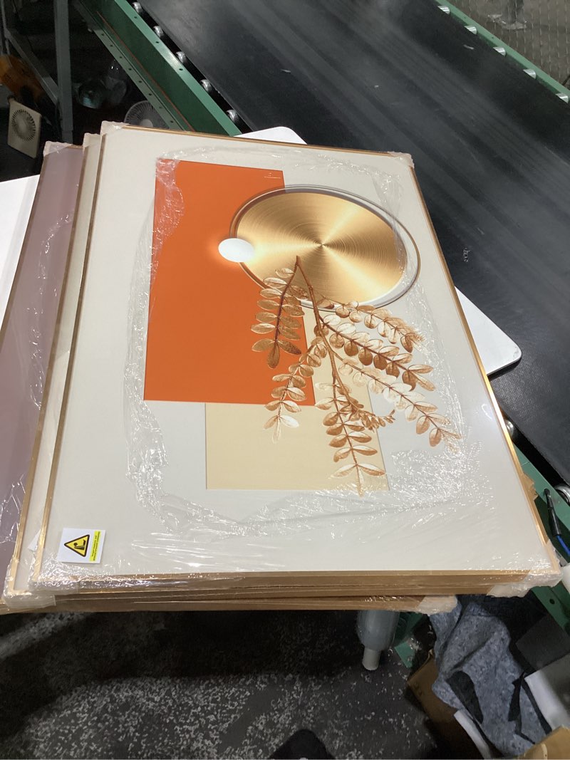 Condition photo showing New/Like New for framed modern luxury gold large wall art for living room, set of 3 piece contemporary paintings artwork for walls, golden prints with gold frame, big pictures for hallway office wall decor 24x36 inch 24" w x 36" h x 3pcs luxury gold