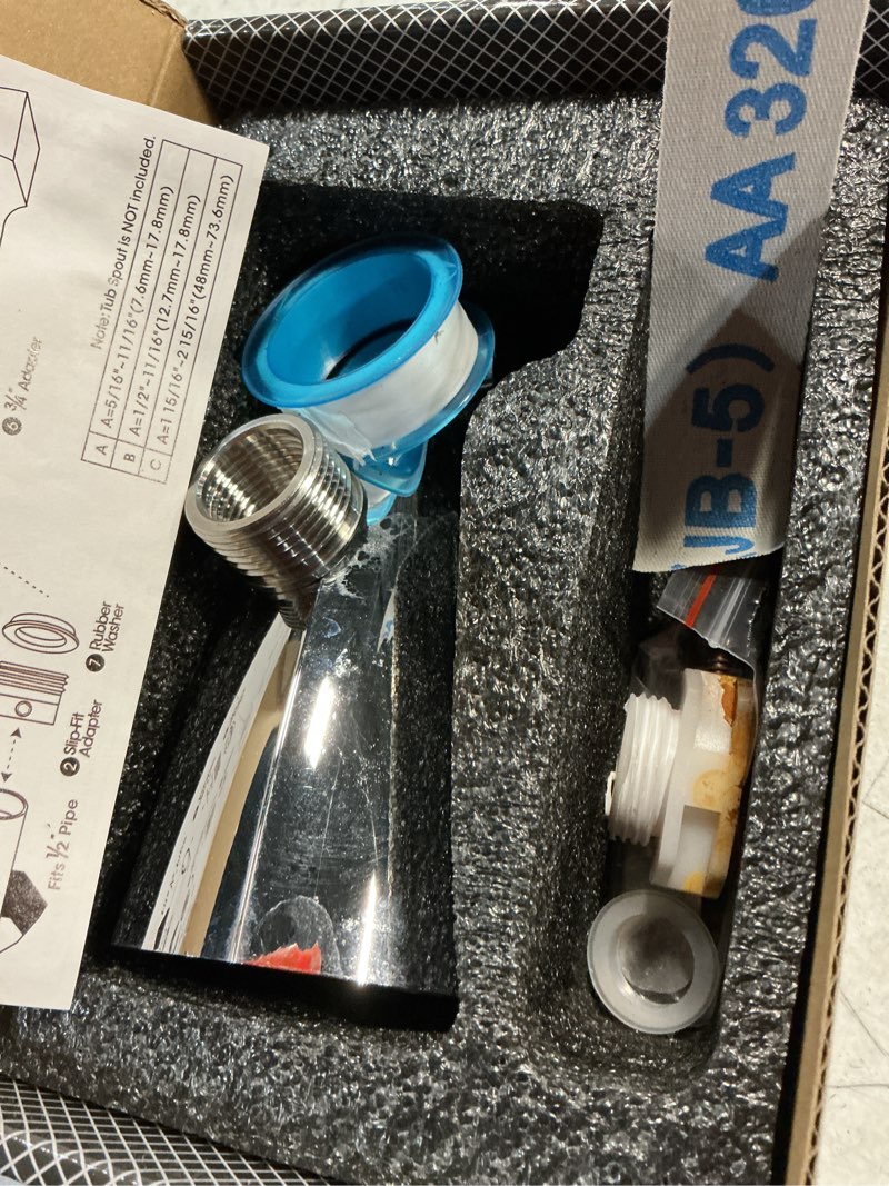 Condition photo showing As Is for bathtub spout without diverter, 5.3", all metal 304 stainless steel, fits 1/2" copper slip-on and 1/2" or 3/4" ips threaded pipes, leak-free design, easy installation, universal fit, chrome