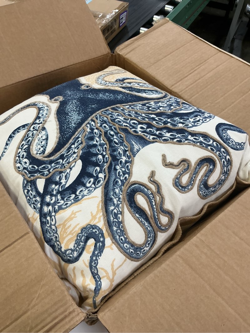 Condition photo showing Good Condition for saro lifestyle neptunian coastal throw pillow – 20” x 20”, woven cotton cover with jute trim, zipper closure, down & feather insert – octopus, navy blue