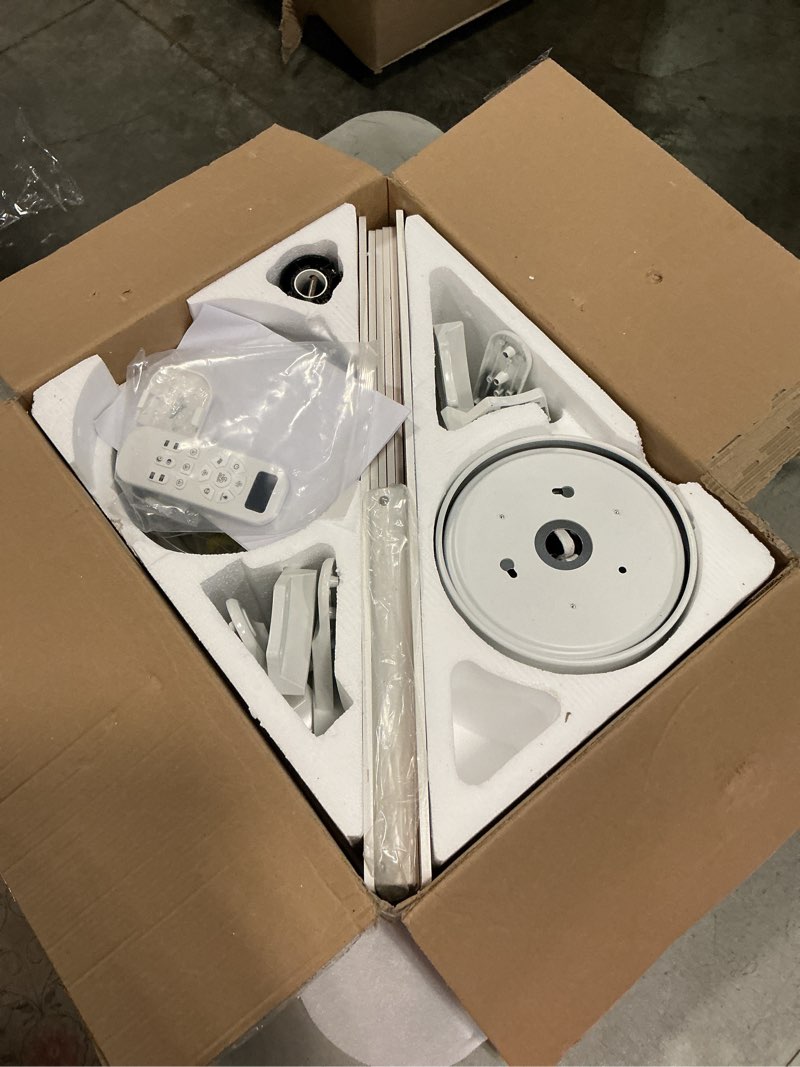 Condition photo showing New/Like New for coolwind 52" ceiling fan with light, white 6 double-side blades and app/display remote control, 6 speed reversible dc motor, 3cct dimmable led flush mount ceiling fan for bedroom indoor/outdoor use d52"xh12.5"