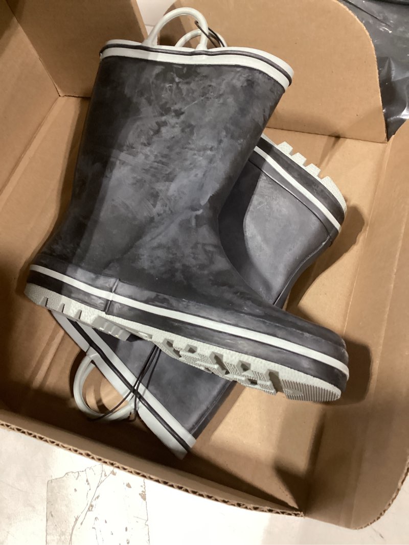 Condition photo showing As Is for K KomForme Kids Rain Boots Waterproof Printed Rubber boots with Handles 3 Big Kid Black