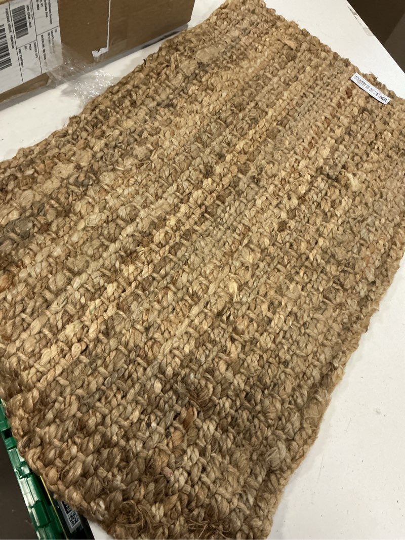 Condition photo showing As Is for safavieh cape cod collection accent rug - 6x6 natural, handmade flat weave jute, ideal for high traffic areas in entryway, living room, bedroom (cap252a)