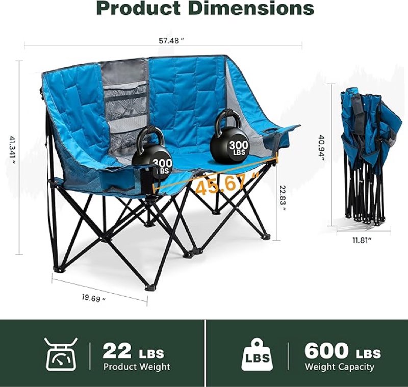 SUNNYFEEL Folding Double Camping Chair, Oversized Loveseat Chair, Heavy Duty Portable/Foldable Lawn 