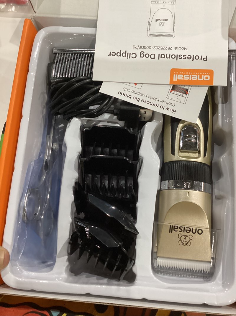 Condition photo showing As Is for oneisall dog clipper low noise, dog grooming kit with rechargeable, pet shaver cordless electric quiet hair clipper set for dogs cats pets?gold?