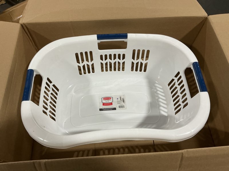 Condition photo showing Good Condition for rubbermaid large hip-hugger laundry basket/hamper, 1.5-bushel, white, stackable storage bin/organizer for bathroom/bedroom/dorm/home 1.5 bushel large hip hug basket