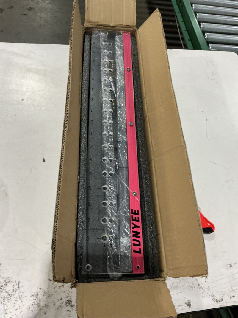 Condition photo showing Good Condition for lunyee shelf pin jig with self-centering drill bits, 1/4 inch and 5mm shelf pin drilling jig for 32mm system adjustable cabinet hole drilling template for woodworking with 17 hole rows