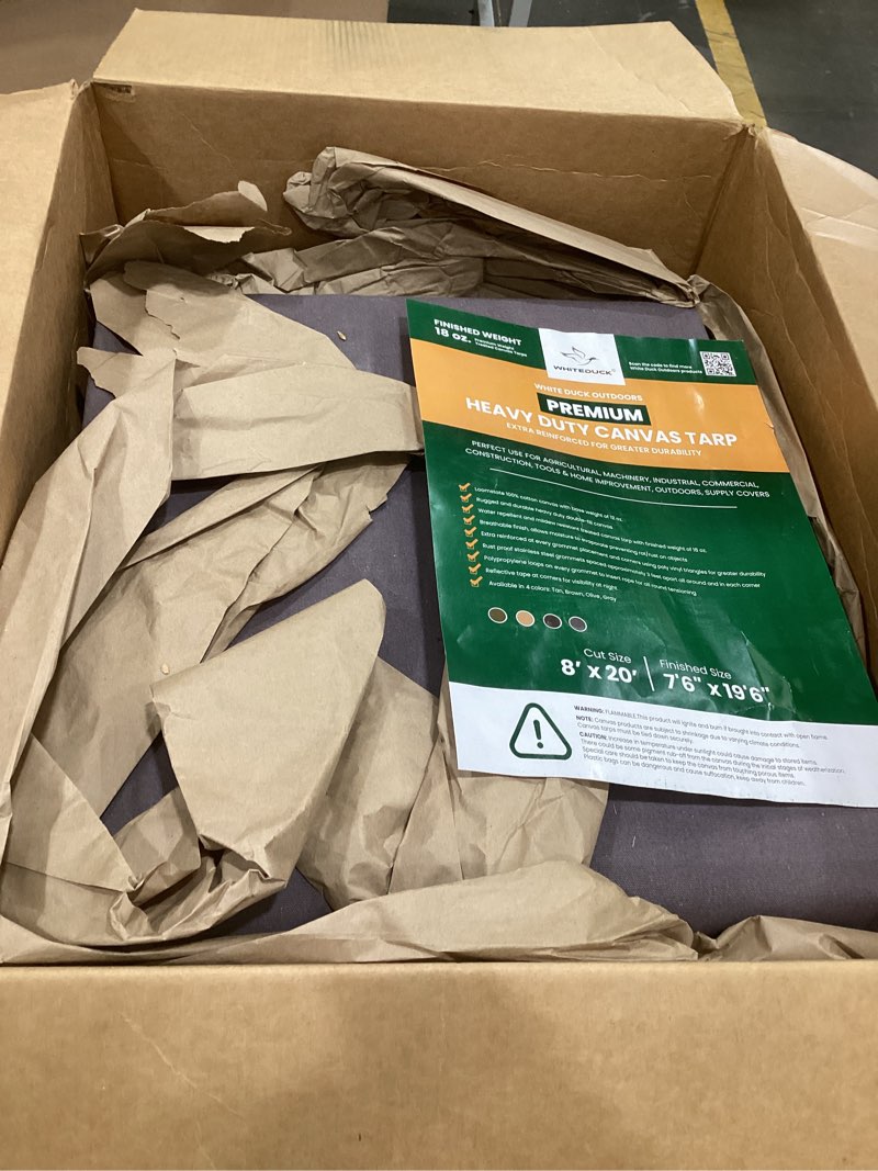 Condition photo showing As Is for whiteduck 8'x20' canvas tarp 18 oz/37 mil heavy duty waterproof uv resistant, rustproof grommets, industrial & commercial use cloth tarp (finished size: 7'6" x19'6", olive)