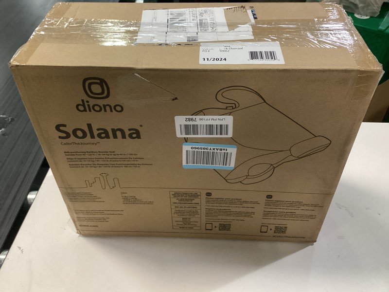 Condition photo showing New/Like New for diono solana, no latch, single backless booster car seat, lightweight, machine washable covers, cup holders, black single black