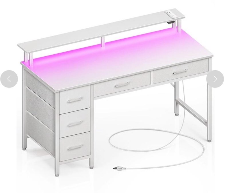 Seventable Computer Desk With Power Outlets & LED Light, 39 Inch Home Office Desk With 5 Drawers, Writing Desk With Monitor Stan