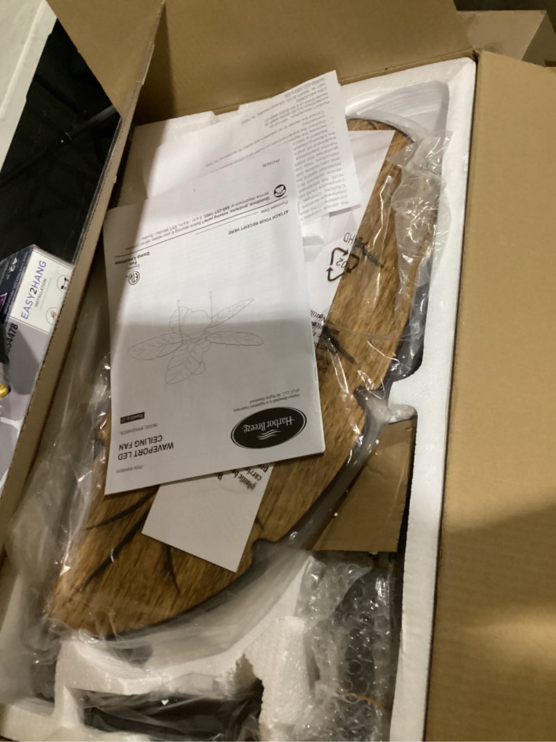 Condition photo showing Good Condition for possibly missing hardware.. harbor breeze waveport 52-in aged bronze with brown blades covered outdoor downrod
