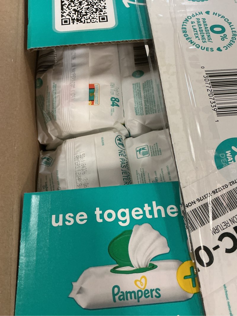 Condition photo showing New/Like New for Pampers Baby Wipes, Sensitive, Water Based Wipe, Clinically Proven, Hypoallergenic, and Unscented for Babies, 1008 Wipes Total (12 Flip-Top Packs) [Packaging May Vary] 1008 Count (Pack of 1)