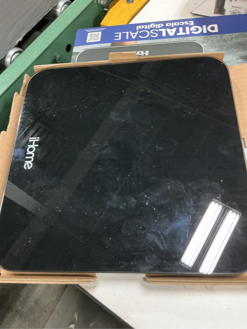 Condition photo showing As Is for ihome digital battery powered bathroom scale 397 lbs with fit+ personal coach app, fsa and hsa eligible, black