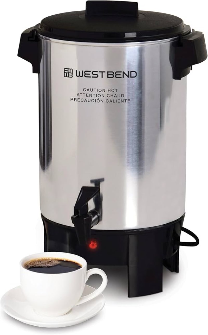 west bend coffee urn highly-polished aluminum features automatic temperature control with cup per mi