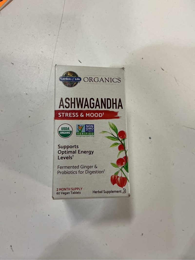 Condition photo showing New/Like New for Garden of Life Organic Ashwagandha Supplement with Probiotics & Ginger - Stress, Mood & Energy Support, Vegan, Gluten Free, Non GMO, 2 Month Supply, 60 Tablets