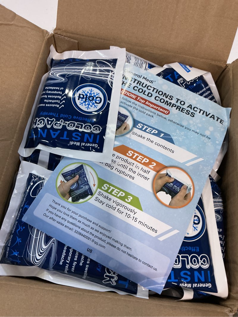 Condition photo showing New/Like New for general medi instant ice cold pack (4”x 5.5”) – 25 packs disposable cold therapy ice packs for pain relief, swelling, inflammation, sprains, toothache – for athletes & outdoor activities 25 count (pack of 1)