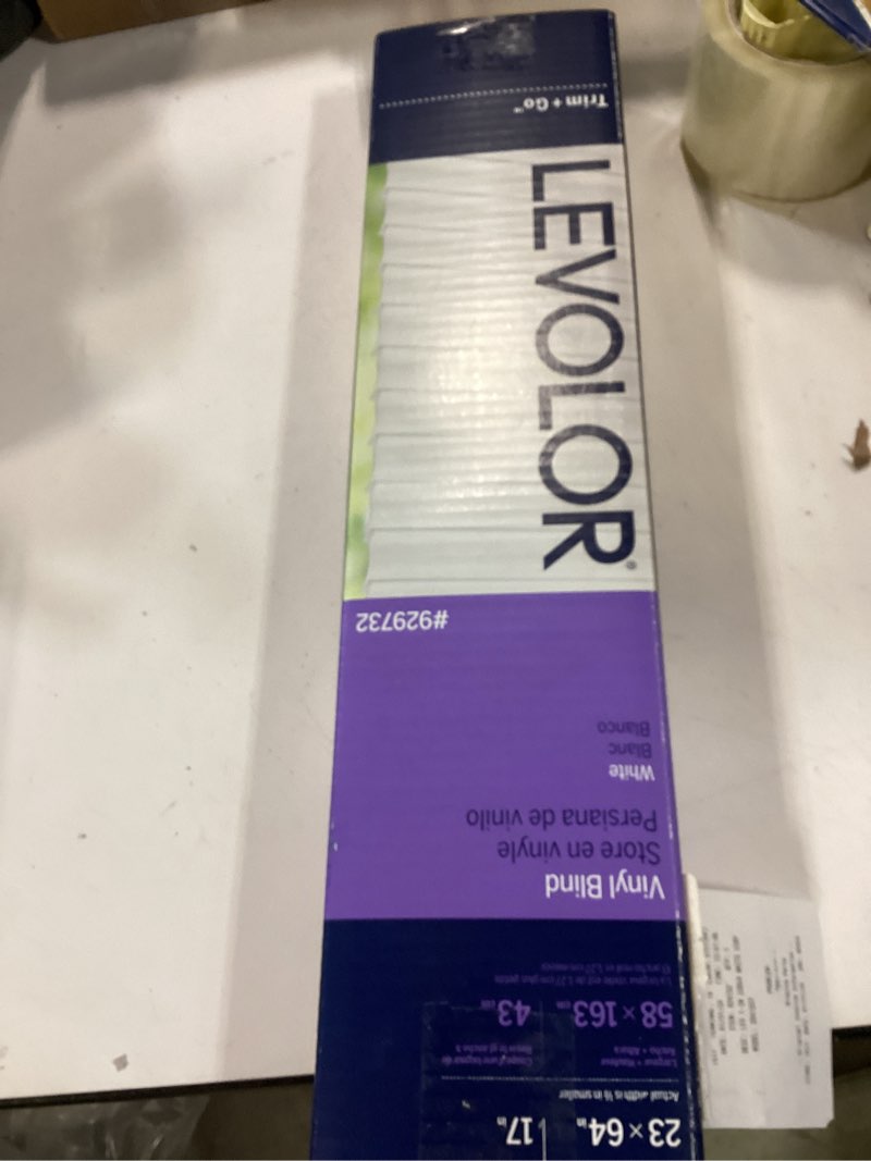 Condition photo showing As Is for Levolor 23 x 64 Cordless White Vinyl Blinds with 1 inch S-Curve Slats New In Box
