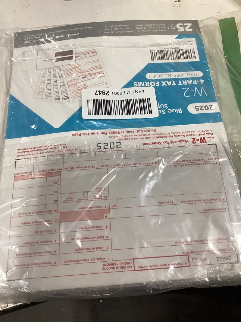 Condition photo showing As Is for Blue Summit W2 Forms 2025 with Envelopes, 4 Part W2 Tax Forms 2025, 25 Employee Kit of Laser Forms with 3 W3s, Compatible with QuickBooks and Accounting Software, 25 Self Seal Envelopes Included
