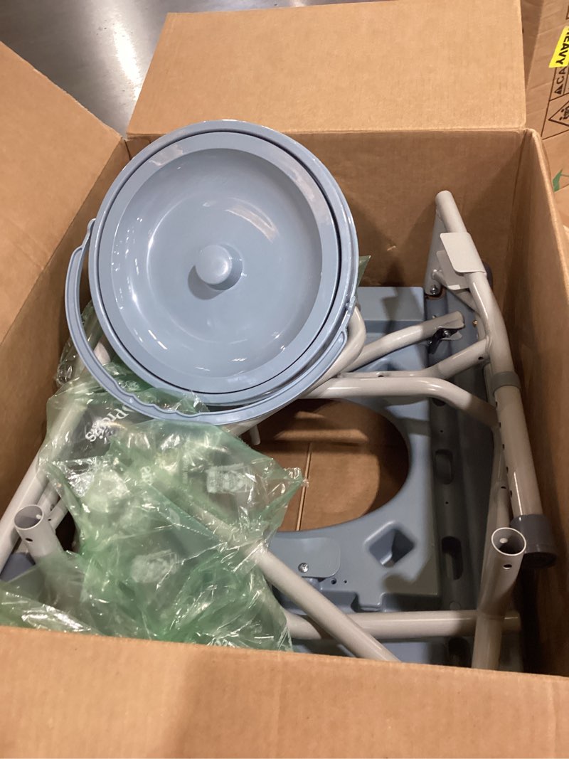 Condition photo showing As Is for commode chair toilet seat in blue bucket, detachable backrest, adults seniors