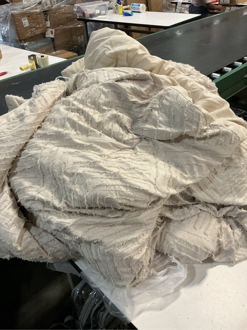 Condition photo showing As Is for bedelite cream king size comforter set, all season luxury seersucker bedding set with pillowcases, soft lightweight comforter 3 pieces for bedroom cream king(102"x90")