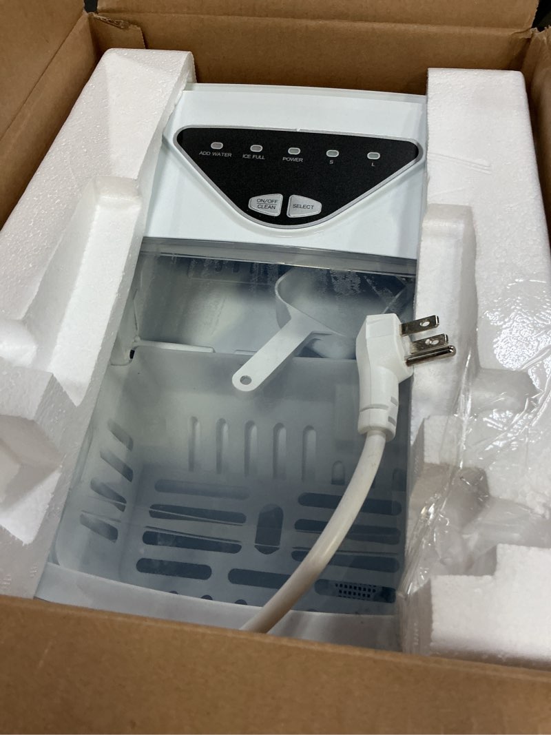 Condition photo showing As Is for Silonn Ice Makers Countertop, 9 Bullet Ice Cubes Ready in 6 Minutes, 26lbs in 24Hrs Portable Ice Maker Machine Self-Cleaning, 2 Sizes of Bullet-Shaped Ice for Home Kitchen Office Bar Party, White White 26lbs