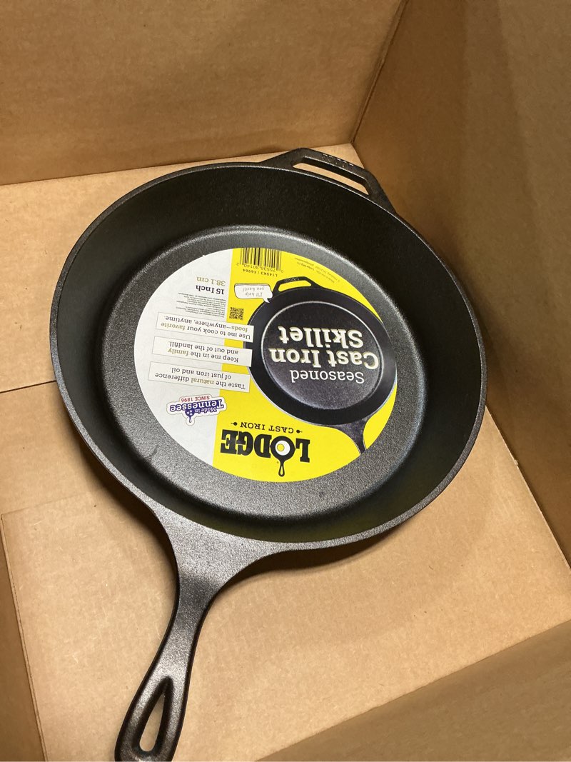 Condition photo showing Good Condition for Lodge Seasoned Cast Iron Skillet - Frying Pan for the Stove, Grill or Campfire - Cooks Evenly - Features Easy-Grip Teardrop Handle - Non-Toxic, Nonstick & Long-Lasting - 15 Inches 15 Inch (1 Count)