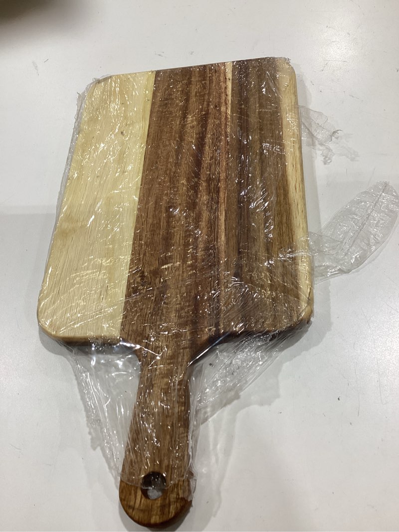 Condition photo showing Good Condition for acacia wood cutting board with handle - 14 x 7in, wooden chopping board for meat, cheese, bread, fruits & vegetables – ideal charcuterie & serving board, durable butcher block 13.8"l x 7.1"w