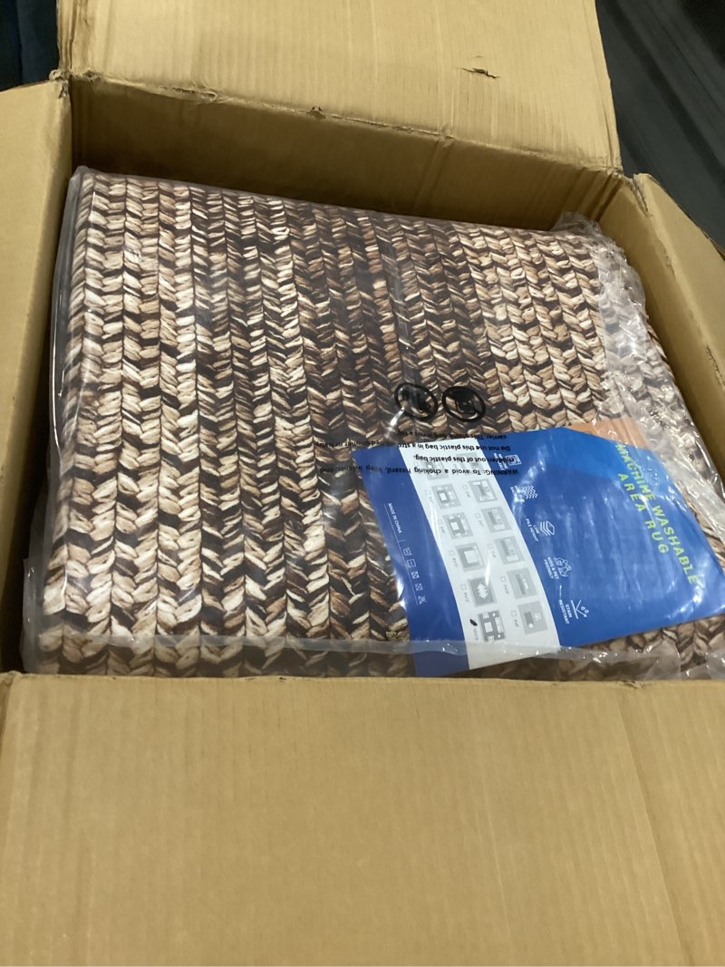Condition photo showing As Is for 10x13 large living room rug braided print rug boho accent throw carpet farmhouse rustic rug non slip geometric bordered area rug bohemian carpet for bedroom home decor office, brown 10' x 13' brown, not exact, similar to stock photo