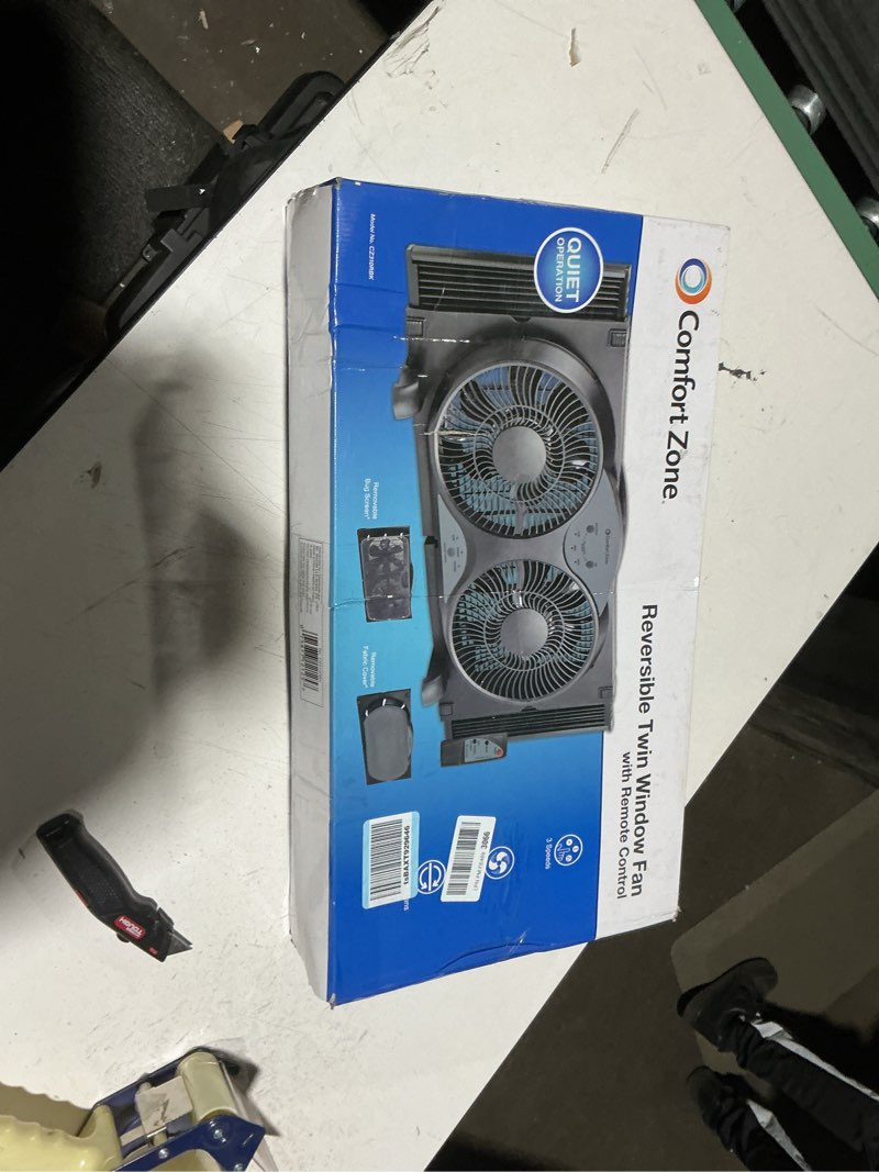 Condition photo showing Good Condition for Comfort Zone 9-Inch Reversible Twin Window Fan with Remote Control – 3-Speed Dual Blade Fan with Exhaust, Cooling & Circulate Modes, Expandable Width 23.5" to 37", Removable Bug Screen & Tabletop Feet Black 3-Speed w/Remote