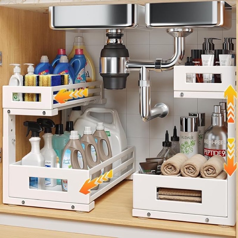 ? Click to see full view  2+ 2-Pack Under Sink Organizers and Storage,2-Tier L Shape Pull Out Cabinet Organizer With Round Tube Slide Rails,Hight Adjustable Slide Out Drawers for Kitchen&Bathroom,Multi-Purpose Storage Shelf-White