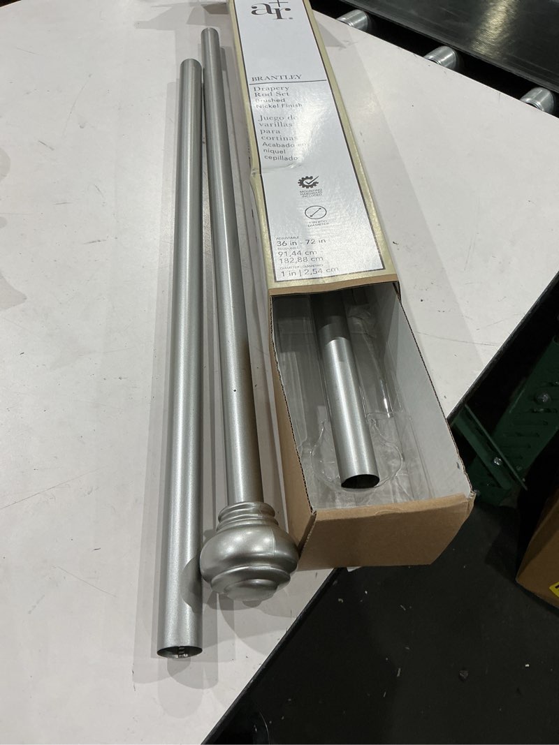 Condition photo showing As Is for allen + roth 36-in to 72-in brushed nickel steel single curtain rod with finials