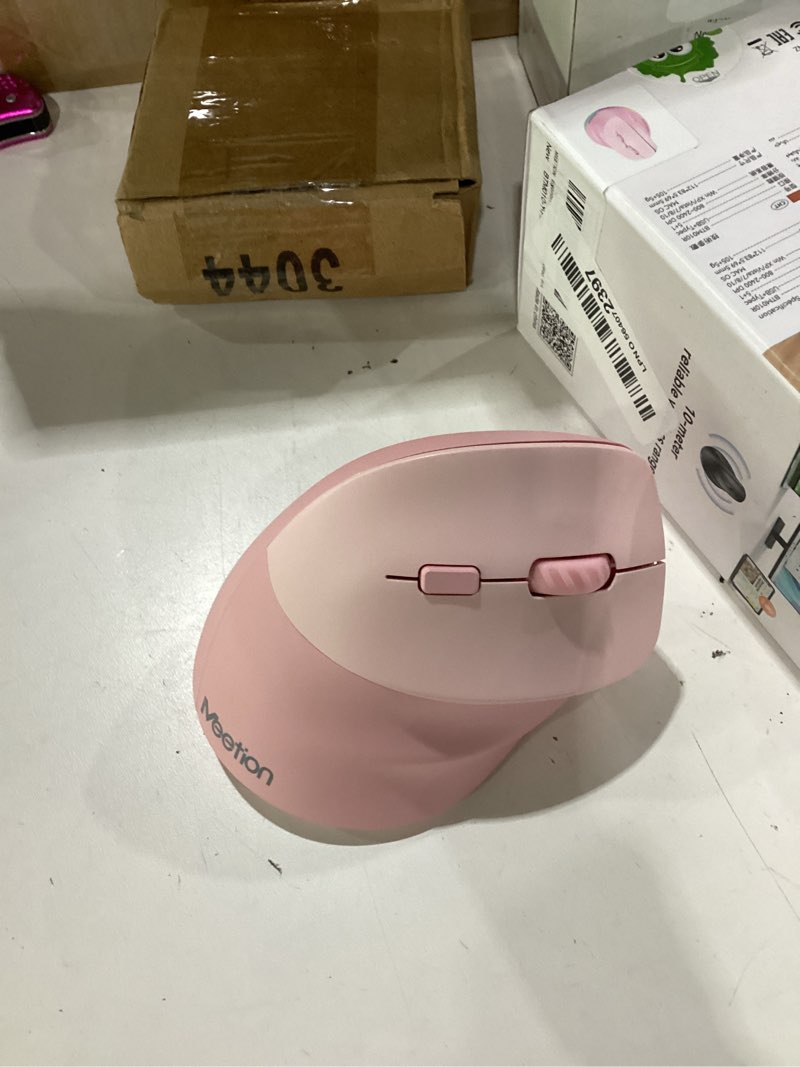 Condition photo showing As Is for meetion ergonomic mouse, wireless vertical mouse rgb backlit rechargeable mice for bluetooth(5.2 + 3.0) usb, 4 adjustable dpi compatible mac/windows/andriod/pc/tablet/ipad pink right pink