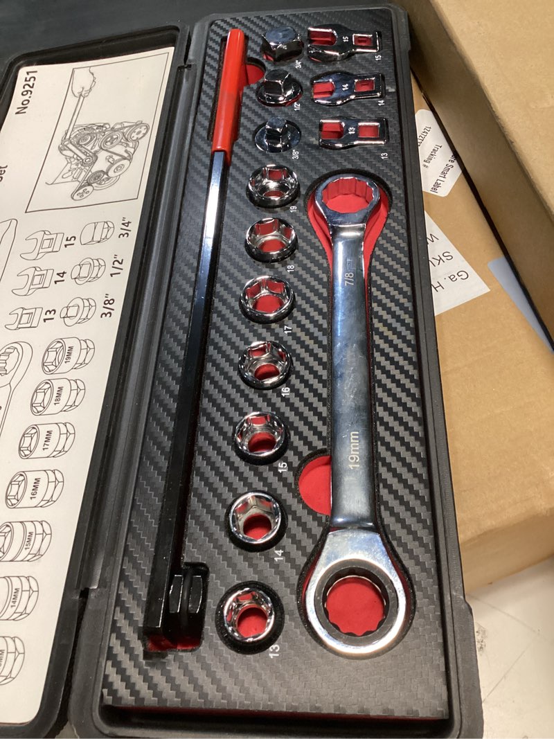Condition photo showing Good Condition for 15pcs serpentine belt tool set, professional ratcheting serpentine belt tensioner tool for removing and installing automotive serpentine belts