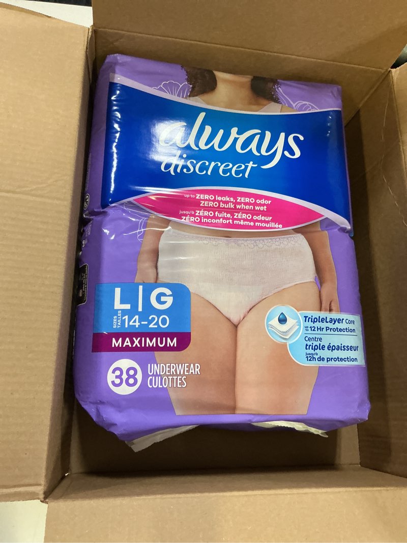 Condition photo showing New/Like New for always discreet adult diapers for women, incontinence underwear, postpartum essentials, disposable briefs, max absorbency, bladder leak protection, large, 38ct large 38 1 pack