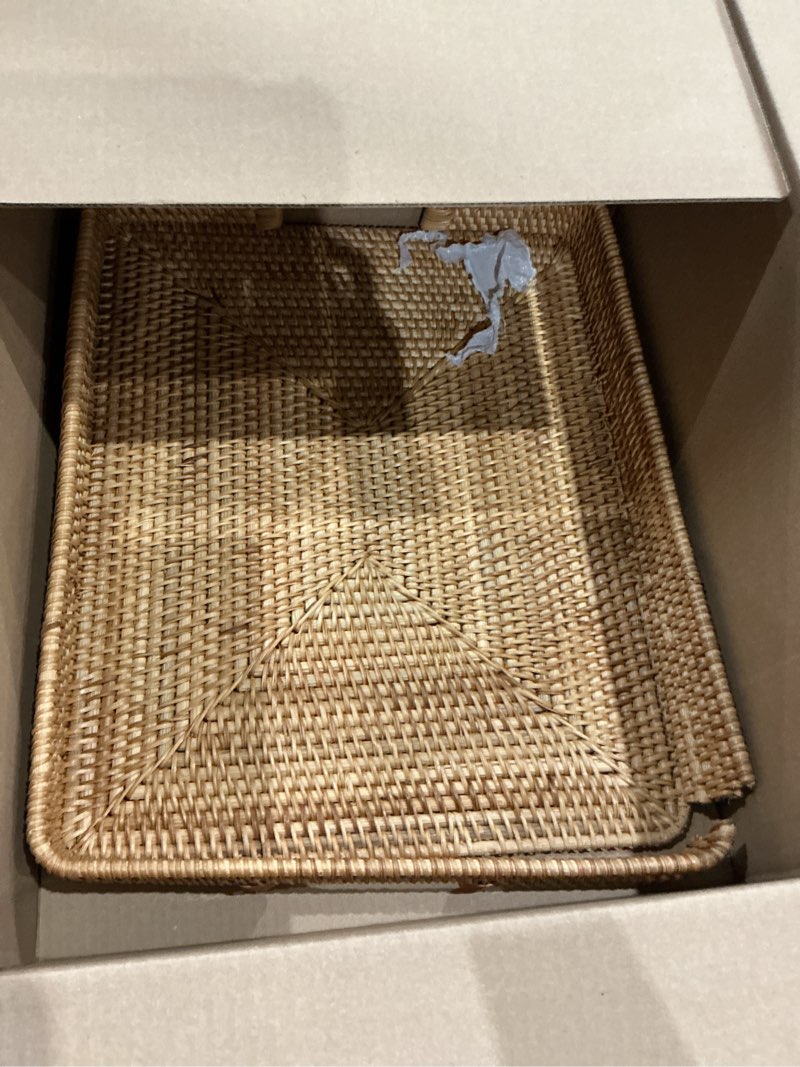 Condition photo showing As Is for i-lan 20 inch handmade rectangular countertop serving trays with cutout handles,rustic decorative rattan woven platter holding breakfast,fruits,all dish and table accessories.