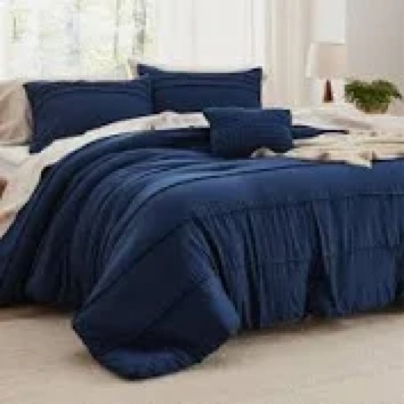 Bedsure Full Comforter Set - 4 Pieces Pinch Pleat Bed Set, Navy Blue Boho Bedding for All Season, 1 Soft Comforter, 2 Pillowcases, 1 Decorative Pillow