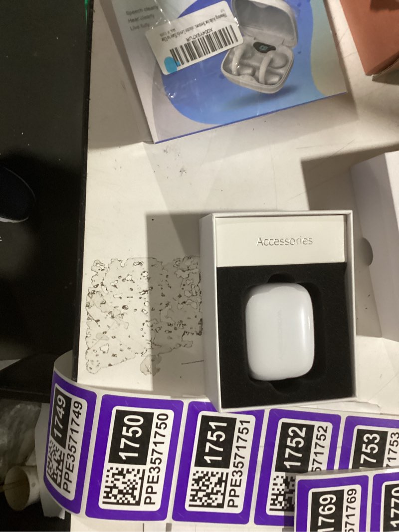 Condition photo showing As Is for hearing aids for seniors rechargeable otc hearing aids comfortable semi in ear design no ear blocking 16 channel smart noise reduction whistle suppression hd clear sound digital battery display 70+ hours long standby 5 volume levels easy to use white