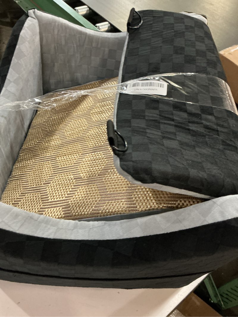 Condition photo showing As Is for joejoy elevated dog car seat for small/medium dogs up to 35 lbs, memory foam booster seat with detachable washable cover, travel-safe car bed with safety belts & storage pockets, grey medium grey
