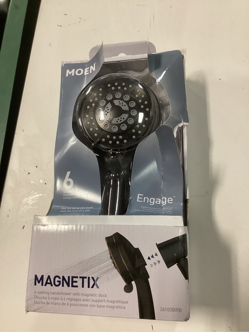 Condition photo showing New/Like New for moen engage magnetix mediterranean bronze 3.5-inch six-function detachable handheld showerhead with magnetic docking system, 26100brb mediterranean bronze showerhead handheld shower