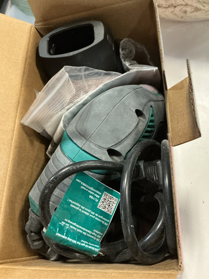 Condition photo showing As Is for hychika detail sander, 14,000 opm compact electric sander tool with 12 pcs sandpapers,efficiency dust collection system,suitable for tight spaces sanding,polishing,removing paint in home decoration