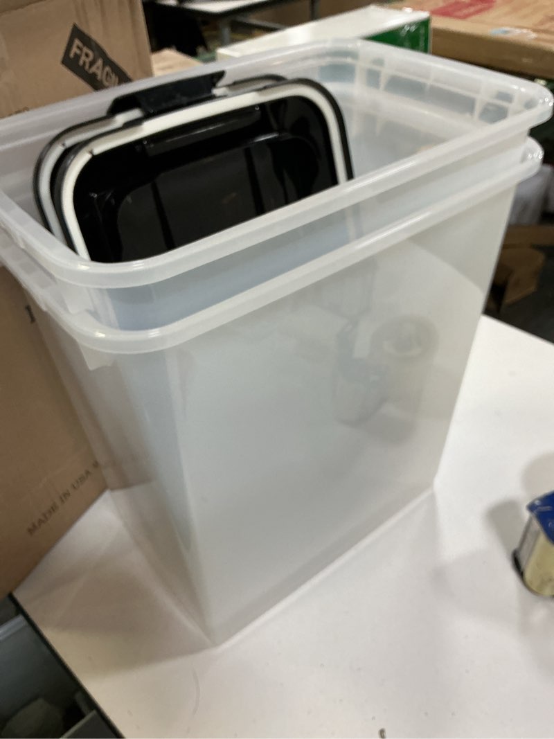 Condition photo showing Good Condition for IRIS USA Dog Food Storage Container, 2 Pack, Up to 30 lbs Each, Airtight Seal for Freshness, Wheels for Rolling, Easy One Hand Opening, Made in USA, BPA Free, Clear/Black