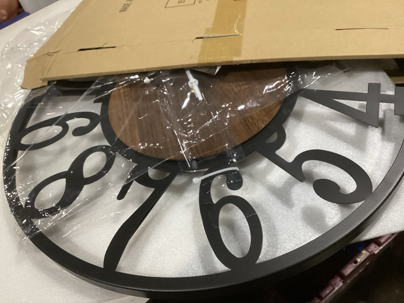 Condition photo showing Good Condition for 20'' Ultra-Silent Wall Clock with Night Light, Glow in The Dark Decorative Wall Clock Battery Operated, Rustic Modern Metal & Wood Clocks for Bedroom Living Room Decor, Arabic Numerals Black Walnut - Arabic Numerals 20 inch