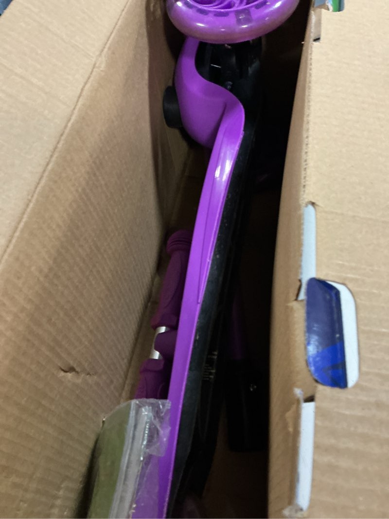 Condition photo showing As Is for purple mini 3 wheel scooter for kids – lean-to-steer with led light-up wheels, adjustable handlebar, wide anti-slip deck, smooth pu wheels, rear foot brake – toddler scooter for ages 2+