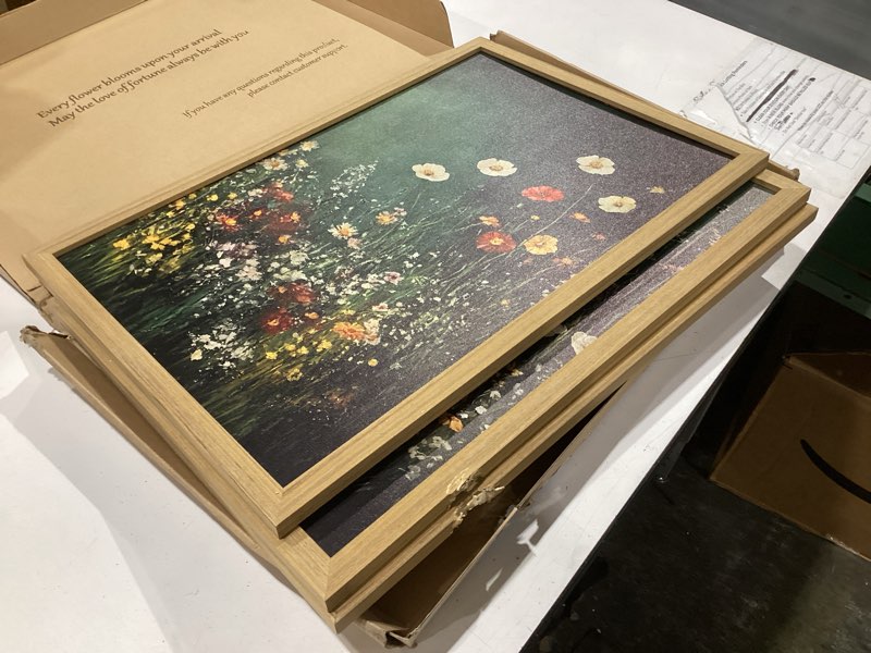 Condition photo showing As Is for vintage wildflower wall art set of 3, moody dark green flower botanical wall decor paintings,nature floral farmhouse landscape posters prints pictures for living room bedroom 16x24 inch wood framed dark florals framed 24l" x 16w"