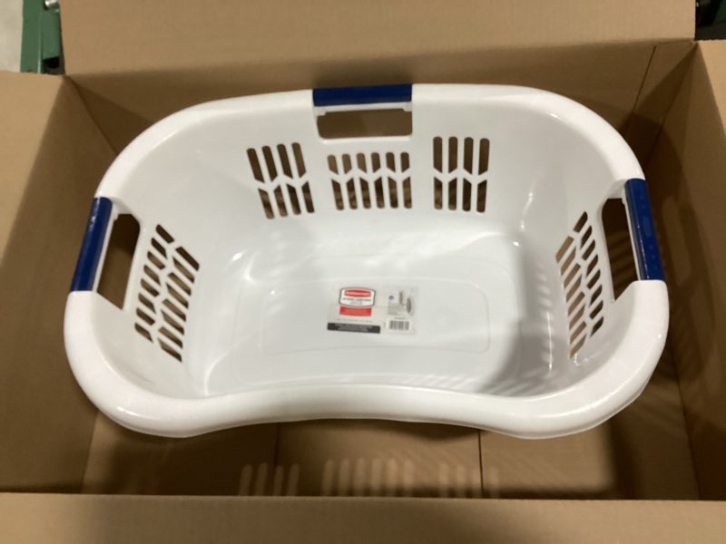 Condition photo showing Good Condition for rubbermaid large hip-hugger laundry basket/hamper, 1.5-bushel, white, stackable storage bin/organizer for bathroom/bedroom/dorm/home 1.5 bushel large hip hug basket