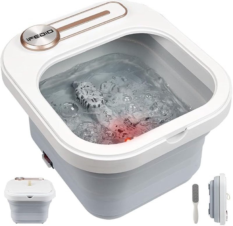 collapsible foot spa bath with heat and bubble massage jets, pedicure spa,foot soak tub non-motorized rollers file,portable massager spa(white)