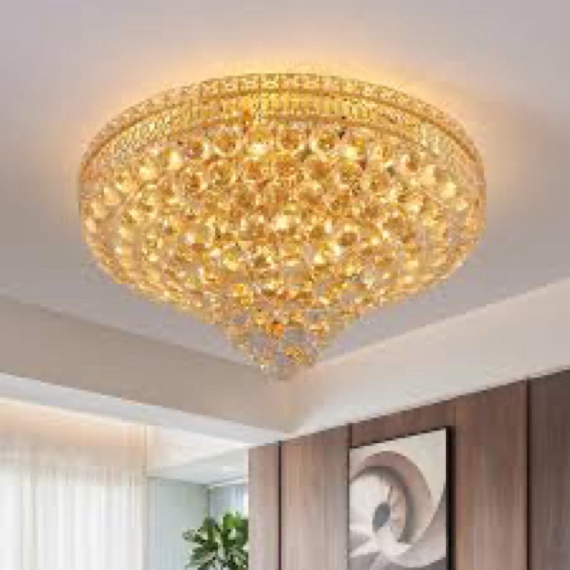 CEENLI 12 Lights Gold Crystal Flush Mount Light Ceiling Light Fixture Lamp Raindrop Round Chrome Met