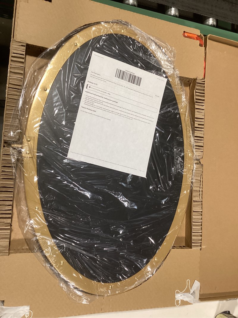 Condition photo showing Good Condition for Brushed Gold Oval Pivot Bathroom Mirror for Over Sink, 18" x 28" Adjustable Tilting Beveled Oval Metal Frame Mirror for Wall Mounted Bathroom Vanity Brushed Gold 28"L x 18"W