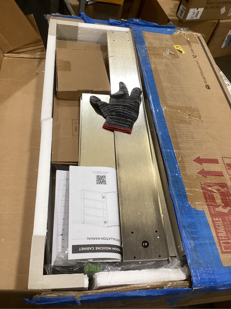 Condition photo showing As Is for tokeshimi 40 x 32 bathroom mirror cabinet, assembly required, nickel recessed medicine cabinet with mirror, steplessly adjustable shelves, beveled aluminum frame, tempered glass brushed nickel 40x32 in